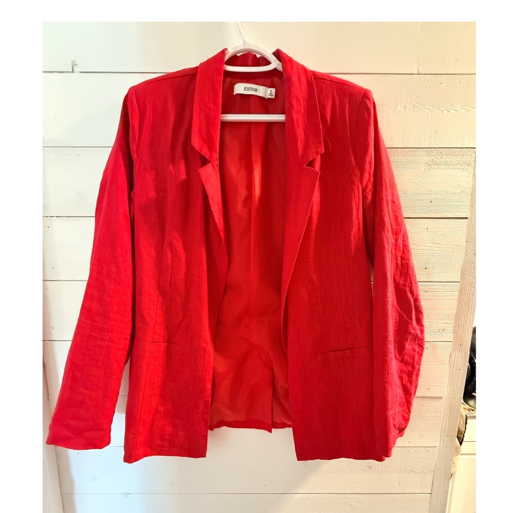 JustFab Red Linen Blend Blazer Jacket Size S Notched Lapel Lightweight Lined
